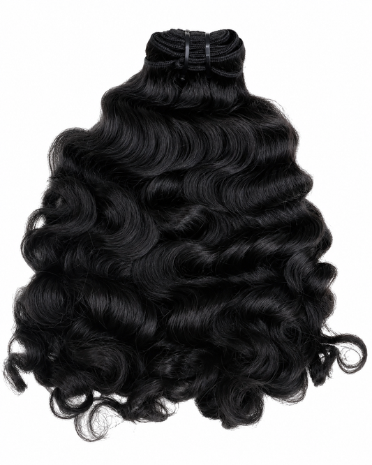 Black wavy hair extensions on a white background